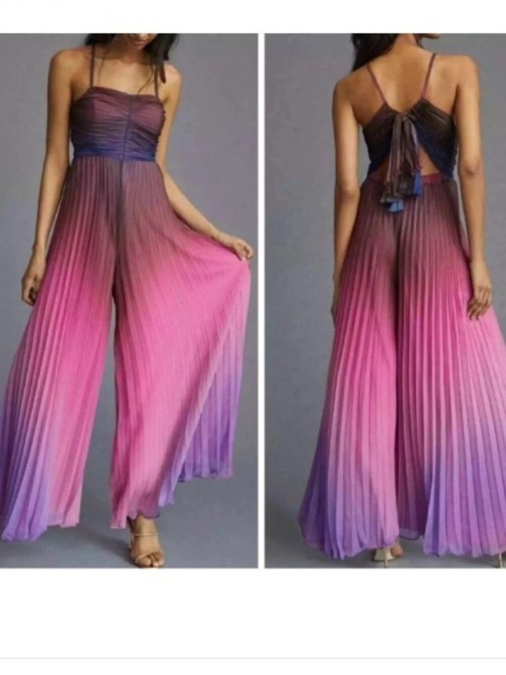 Anthropologie Ranna Gill Ombre Pleated Accordion Jumpsuit Wide Leg XL